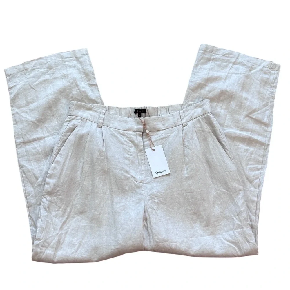 Quince 100% European Linen Pleated Trouser Wide Leg‎ Pants Beige NWT Womens 14